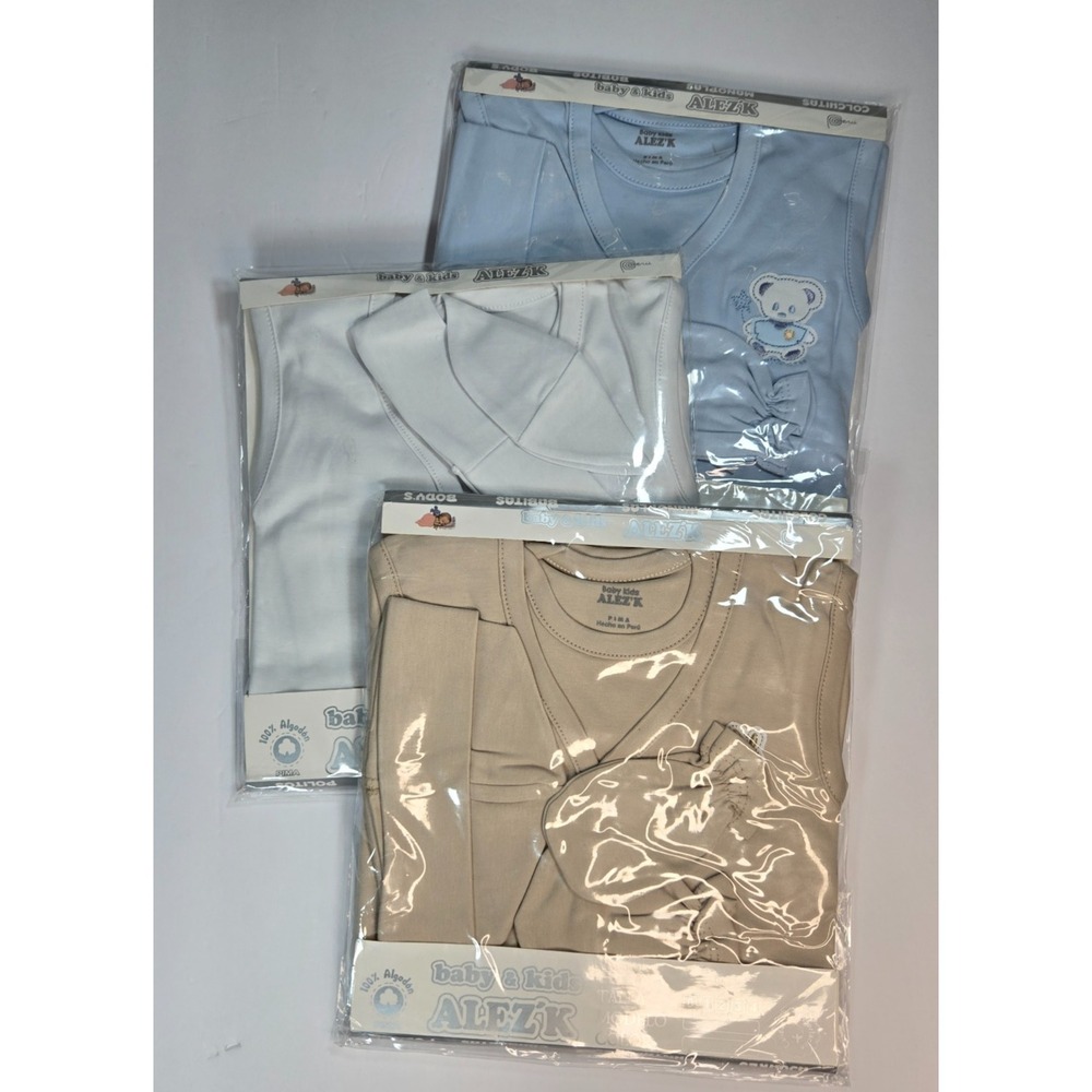 ALEZK Baby Newborn Clothing Set Lot of 3 Pima Cotton Pants Top Hat Mittens NEW